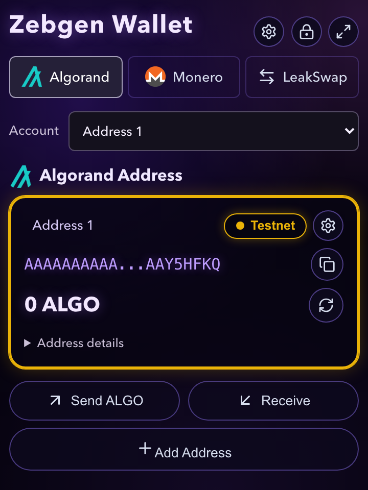 zebgen wallet showing Algorand, Monero and LeakSwap navigation, a TestNet account with zero ALGO, and send and receive controls.